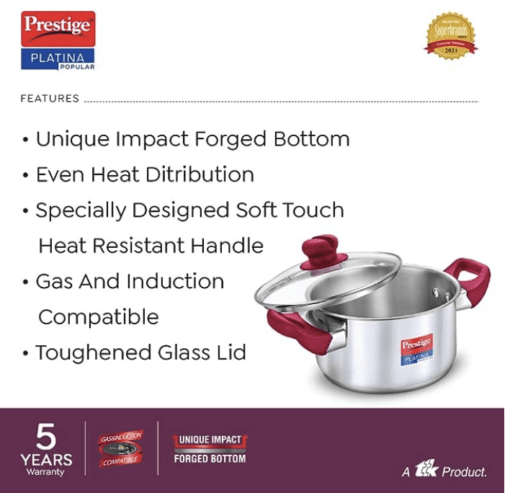Prestige Platina Popular Stainless Steel Gas and Induction Compatible Casserole with Glass Lid, 200 mm, 3 Litre - Image 3